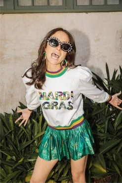 Queen Of Sparkles Mardi Gras Poof Shoulder Sweatshirt Sweatshirts
