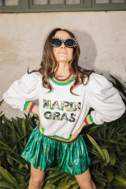 Queen Of Sparkles Mardi Gras Poof Shoulder Sweatshirt Sweatshirts