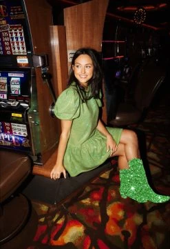 Queen Of Sparkles Green Full Rhinestone Baby Doll Dress