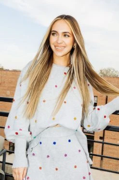 Queen Of Sparkles Grey Glitter Rainbow Pom Sweater