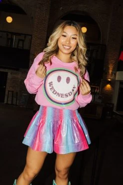 Queen Of Sparkles Blue/Purple Pastel Leather Smocked Shorts 7 Queen Of Sparkles Blue/Purple Pastel Leather Smocked Shorts