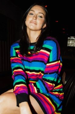 Queen Of Sparkles Spring 2022 Rainbow Sequin Stripe Sweater