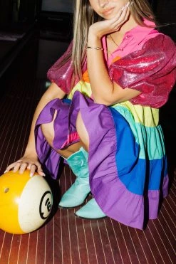 Queen Of Sparkles WHAT'S NEW Sequin Sleeve Rainbow Tiered Dress