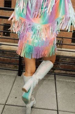 Queen Of Sparkles Spring 2022 Rainbow Leather Fringe Belt Skirt