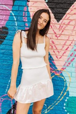 Queen Of Sparkles Spring 2022 White Smocked Sequin Tie Tank