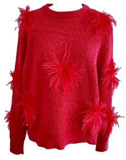 French For I Love Red/Red Oversized Chenille Feather Sweater Sweaters