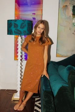 Queen Of Sparkles Brown Rhinestone Midi Dress