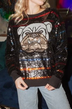 Queen Of Sparkles Full Sequin Bulldog Sweater Gameday