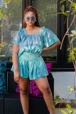 Queen Of Sparkles Sky Blue Iridescent Flutter Top