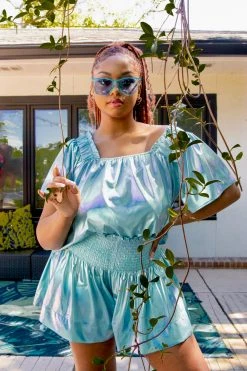 Queen Of Sparkles Sky Blue Iridescent Flutter Top