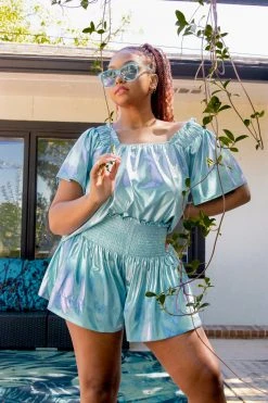 Queen Of Sparkles Sky Blue Iridescent Swing Shorts