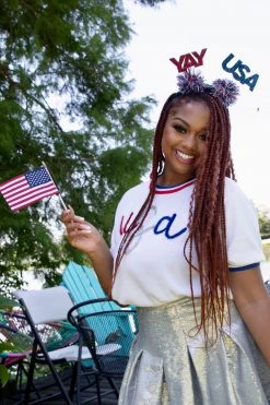 Queen Of Sparkles USA Glitter Script Short Sleeve Sweater