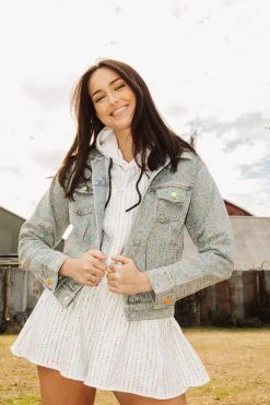 Queen Of Sparkles Spring 2022 Neon Rhinestone Denim Blazer