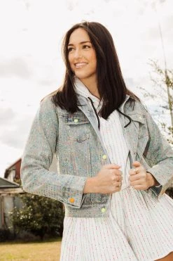 Queen Of Sparkles Spring 2022 Neon Rhinestone Denim Blazer