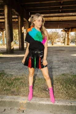 French For I Love Black Rainbow Ruffle One Shoulder Tops