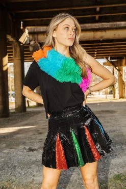 French For I Love Black Rainbow Ruffle One Shoulder Tops