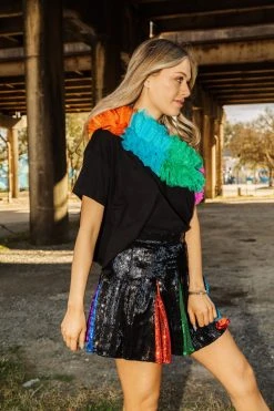 French For I Love Black Rainbow Ruffle One Shoulder Tops