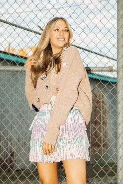 French For I Love Sweaters Tan Oversized Chenille Sequin Flower Embellished Sweater