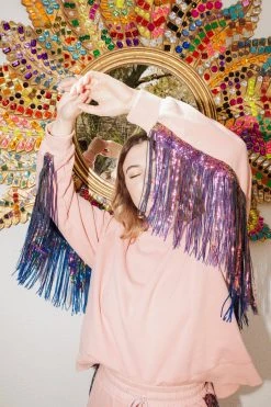 French For I Love Sweatshirts Pink/Iridescent Sequin Fringe Sweatshirt