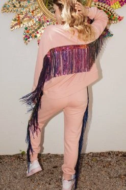 French For I Love Pants Pink/Iridescent Sequin Fringe Joggers