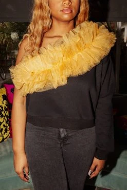 French For I Love Black/Gold One Shoulder Ruffle Sweatshirt Sweatshirts