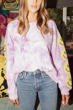 Shop Queen Of Sparkles Sweatshirts Smiley Sequin Sleeve Sweatshirt Purple Tie Dye