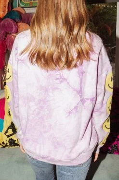 Shop Queen Of Sparkles Sweatshirts Smiley Sequin Sleeve Sweatshirt Purple Tie Dye