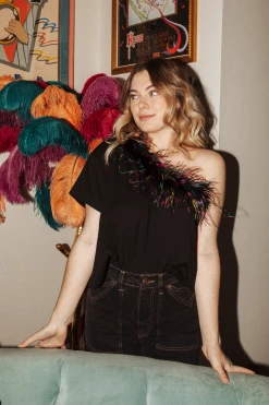 Shop Queen Of Sparkles Tops One Shoulder Feather Tee