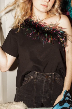 Shop Queen Of Sparkles Tops One Shoulder Feather Tee