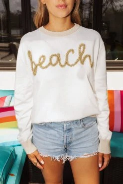 French For I Love Beach Glitter Script Thin Knit Sweater