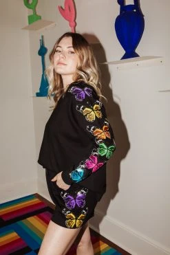 Shop Queen Of Sparkles Black/Rainbow Butterfly Sleeve Sweatshirt Sweatshirts