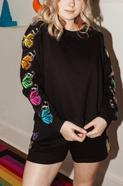 Shop Queen Of Sparkles Black/Rainbow Butterfly Sleeve Sweatshirt Sweatshirts