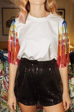 Shop Queen Of Sparkles Tops Rainbow Fringe Sleeve Piñata Tee