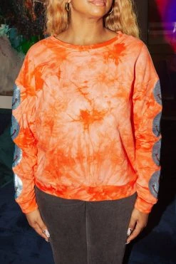 Shop Queen Of Sparkles Sweatshirts Smiley Sequin Sleeve Sweatshirt Red Tie Dye