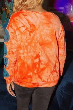 Shop Queen Of Sparkles Sweatshirts Smiley Sequin Sleeve Sweatshirt Red Tie Dye