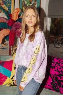 Shop Queen Of Sparkles Sweatshirts Smiley Sequin Sleeve Sweatshirt Purple Tie Dye