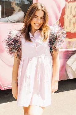 Queen Of Sparkles Feather Poof Sleeve Button Down Dress