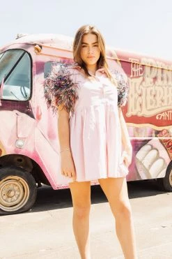 Queen Of Sparkles Feather Poof Sleeve Button Down Dress