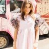 Queen Of Sparkles Feather Poof Sleeve Button Down Dress