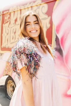 Queen Of Sparkles Feather Poof Sleeve Button Down Dress