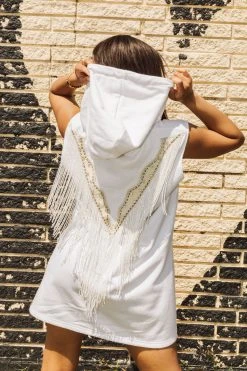 Queen Of Sparkles Spring 2022 White Bead Fringe Hoody Dress