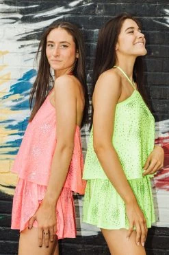 Queen Of Sparkles Spring 2022 Neon Pink Rhinestone Cluster Halter Top