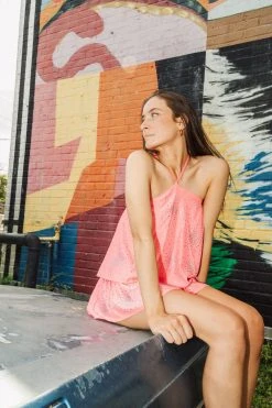 Queen Of Sparkles Spring 2022 Neon Pink Rhinestone Cluster Halter Top