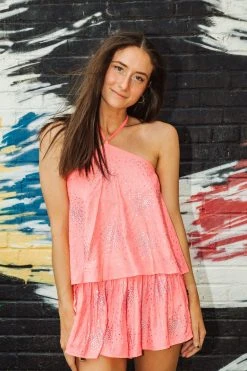 Queen Of Sparkles Spring 2022 Neon Pink Rhinestone Cluster Halter Top