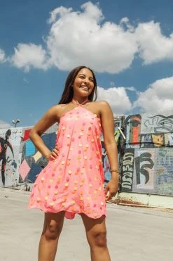 Queen Of Sparkles Spring 2022 Neon Pailette Sequin Halter Dress