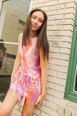 Queen Of Sparkles Red & Purple Leather Fringe Tank