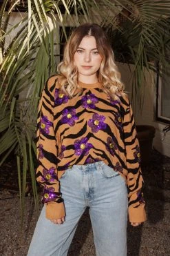 Queen Of Sparkles Tiger Print Sequin Flower Sweater