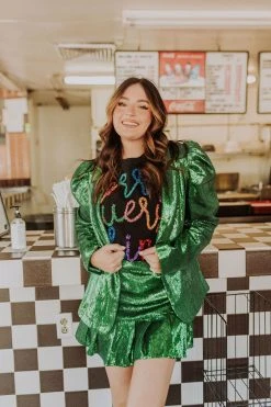 Queen Of Sparkles Green Poof Sleeve Sequin Blazer