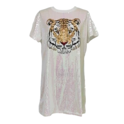 Queen Of Sparkles Gameday White Full Sequin Tiger Dress