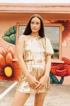 Queen Of Sparkles Gold Fringe One Shoulder Top Spring 2022
